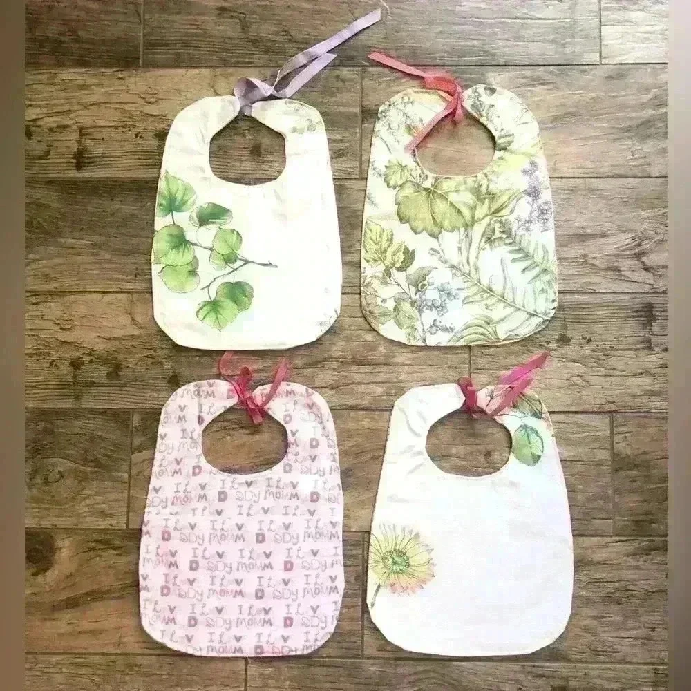 LOT OF 4 BABY GIRL PINK HANDMADE VTG FABRIC BIBS